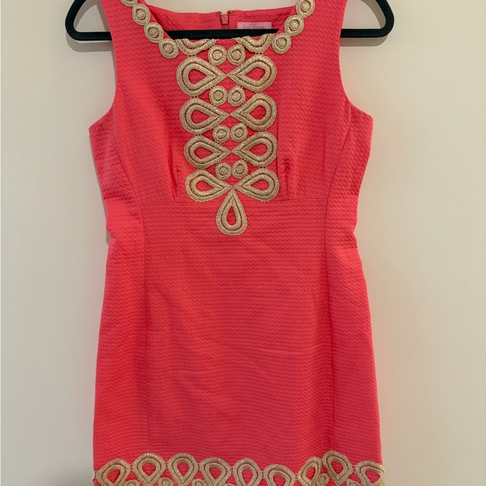 Lilly Pulitzer Adelson Coral-Pink Mini Sheath Dress with Gold Embroidered trim